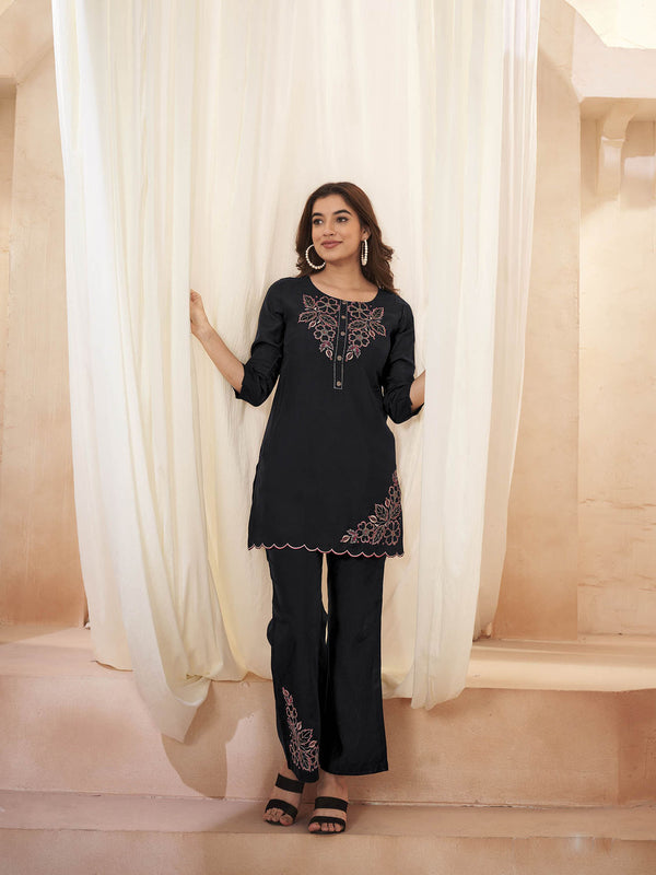 Women Workwear Black Embroidered Silk Co-Ord (Set Of 2)