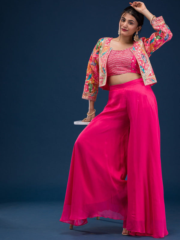 Embellished Shoulder Straps Top With Palazzo & Jacket