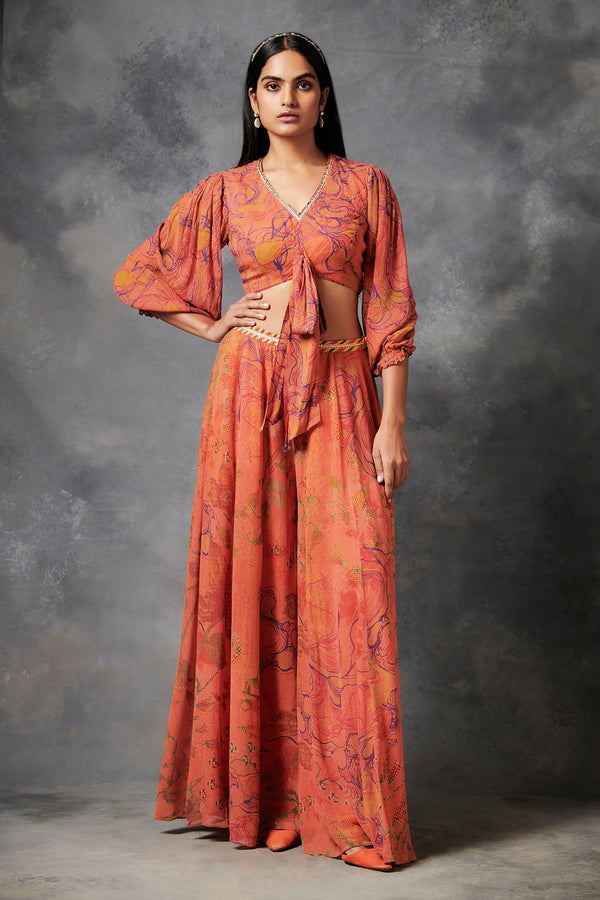 Orange Viscose Georgette Printed And Embroidered Abstract V Konyak Top & Pant Set