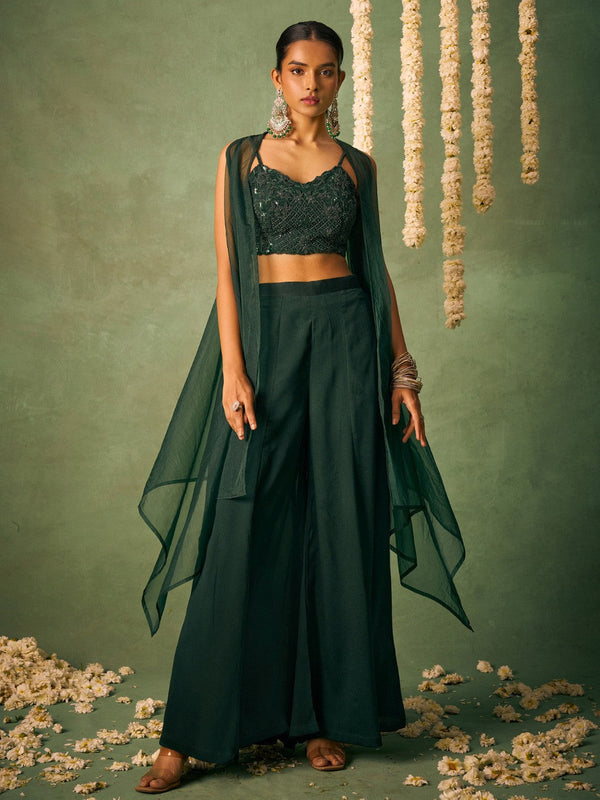 Embroidered Shoulder Straps Top & Palazzos With Shrug