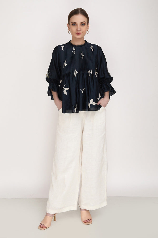 Blue Silk Chanderi Printed Leaf Round Top And Pant Set